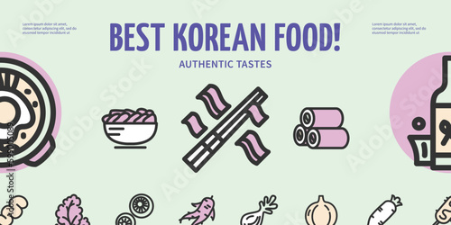 Best Korean Food Authentic Tastes Placard Poster Invitation Banner Card with Different Dishes. Vector illustration
