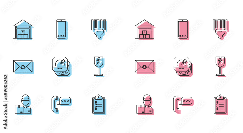Set line Delivery man with cardboard boxes, Warehouse, Verification of delivery list clipboard, Pizza in, Fragile broken glass symbol, Envelope and Mobile app tracking icon. Vector Set line Delivery man with cardboard boxes, Warehouse, Verification of delivery list clipboard, Pizza in, Fragile broken glass symbol, Envelope and Mobile app tracking icon. Vector