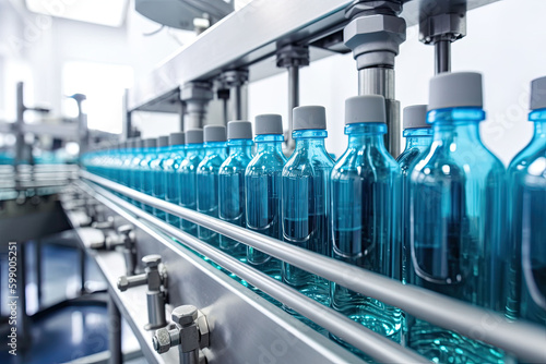 Pharmaceutical manufacture background with glass bottles on automatic conveyor line. Generative AI