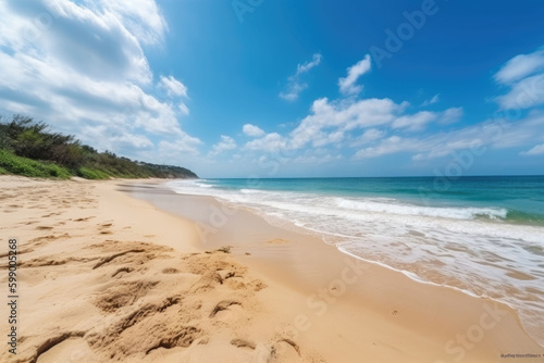 Tropical summer beach with golden sand, turquoise ocean and blue sky. Generative AI