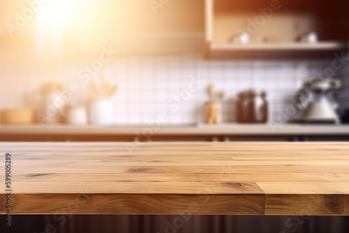 Empty wooden tabletop with blurred kitchen background. Generative AI