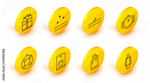 Set line Carabiner, Gloves, Backpack, Lifebuoy, Diving watch, Shark fin ocean wave, Cold and waves and Aqualung icon. Vector