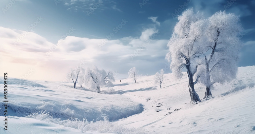 An amazingly beautiful fairy-tale panorama of the nature of a winter forest with shaggy snow-covered firs, deep snowdrifts and light snowfall. generative ai.