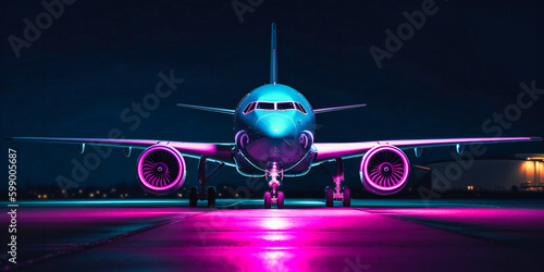 a bright coloured airplane landing in a runway with colorful lights on