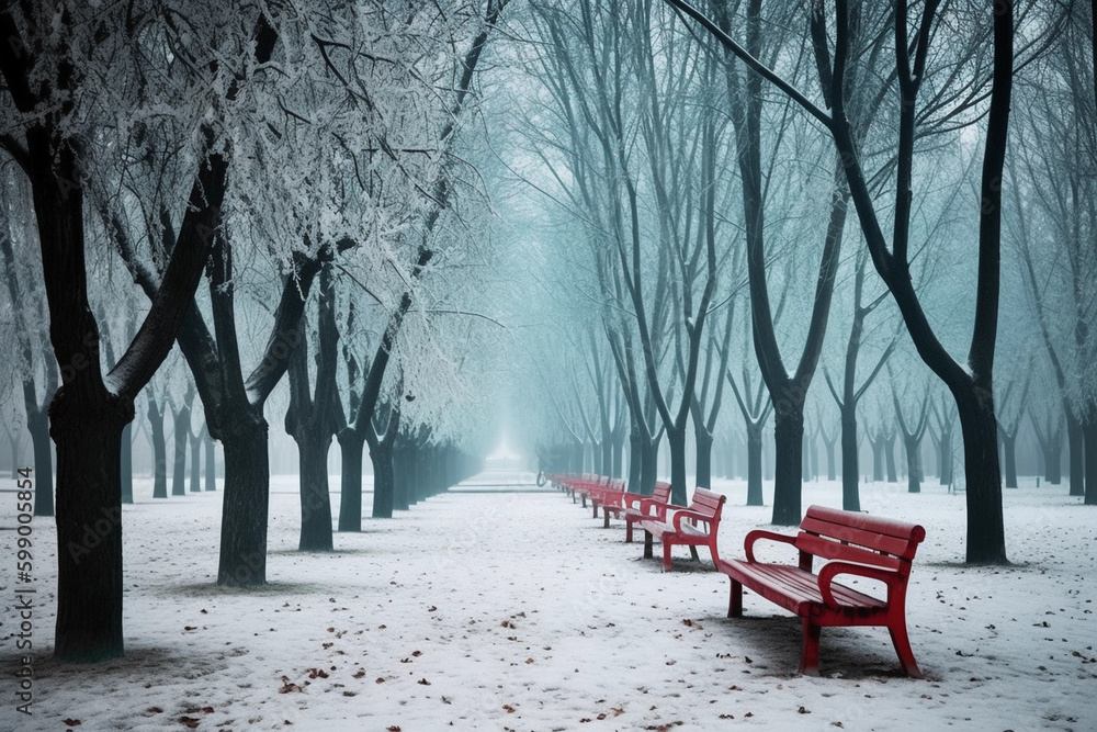 An amazingly beautiful fairy-tale panorama of the nature of a winter forest with shaggy snow-covered firs, deep snowdrifts and light snowfall. generative ai. red bench.