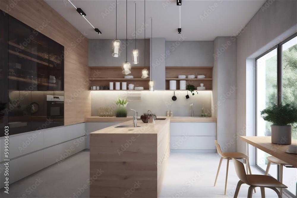 modern Kitchen in a new luxury home with an island and wood cabinets. AI generated content modern Kitchen in a new luxury home with an island and wood cabinets. AI generated content
