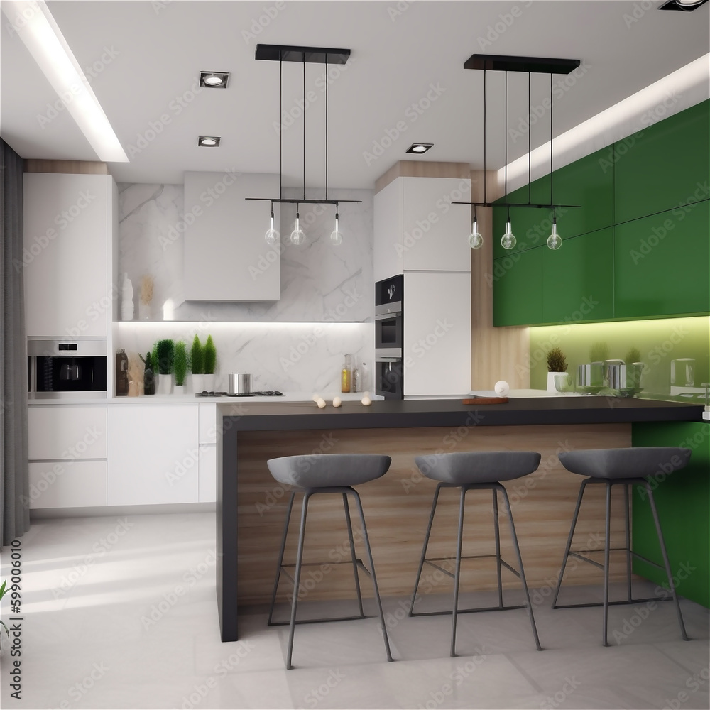 modern Kitchen in a new luxury home with an island and green accent cabinets. AI generated content modern Kitchen in a new luxury home with an island and green accent cabinets. AI generated content
