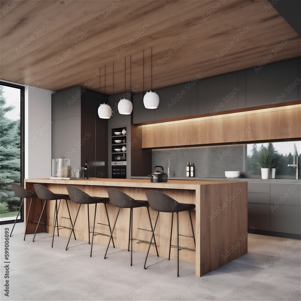modern Kitchen in a new luxury home with a wooden island, chairs and