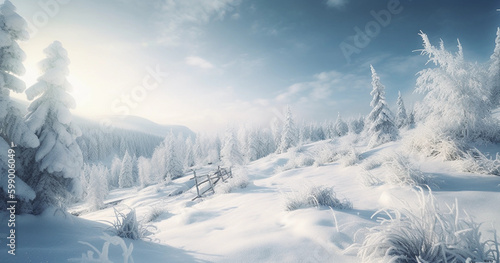 An amazingly beautiful fairy-tale panorama of the nature of a winter forest with shaggy snow-covered firs, deep snowdrifts and light snowfall. generative ai.