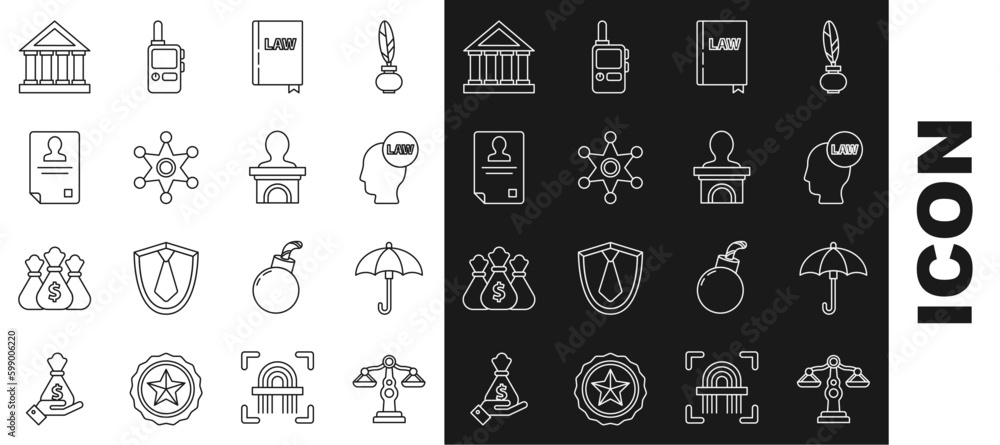 Set line Scales of justice, Umbrella, Head with law, Law book, Hexagram sheriff, Identification badge, Courthouse building and Stage stand or debate podium rostrum icon. Vector