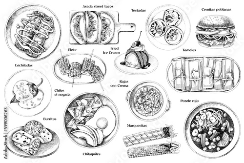 Monochrome set of classic Mexican dishes. Generative AI