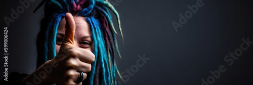 Portrait of a woman with blue dreadlocks pointing her thumb up, banner ondark greenbackground, generative ai illustration photo