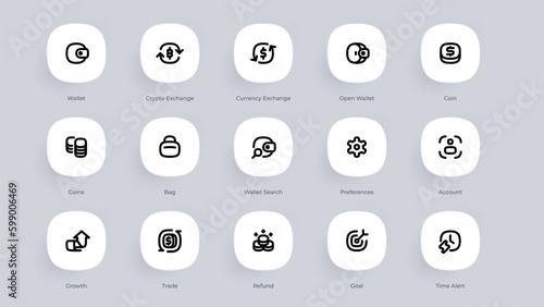 Simple finance vector line icon set. Containing wallet, crypto, coins, currency exchange, financial, goal, profit, refund, time alert, growth and trade icons. Editable stroke vector graphic.