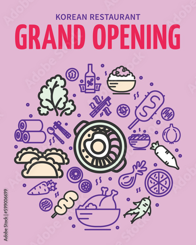 Korean Restaurant Grand Opening Placard Poster Invitation Banner Card Template with Thin Line Element. Vector illustration