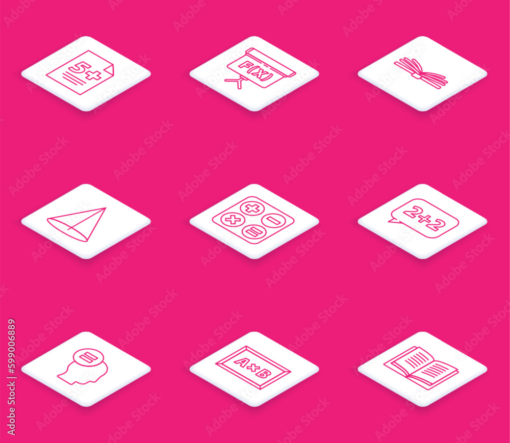 Set line Calculator, Geometric figure Cube, Mobile calculator interface, Graph, schedule, chart, diagram, Square root, Test exam sheet and Calculation icon. Vector Set line Calculator, Geometric figure Cube, Mobile calculator interface, Graph, schedule, chart, diagram, Square root, Test exam sheet and Calculation icon. Vector