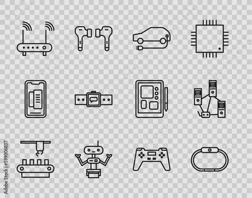Set line Factory conveyor system belt, Smartwatch, Electric car, Robot, Router and wi-fi signal, Gamepad and Computer network icon. Vector