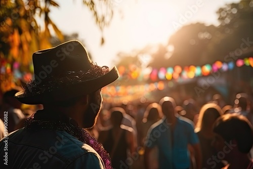 people wearing farmer hat celebrating festa junina. silhouette crowd of people celebrate festas juninas. colorful garland june brazilian festival. sao joao. generative ai illustration