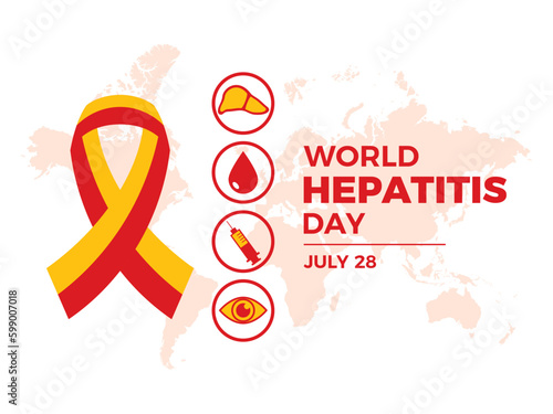 World Hepatitis Day poster with ribbon and medical icon set vector. Red yellow awareness ribbon, inflammation of the liver, jaundice and cirrhosis icon set vector. July 28 every year. Important day