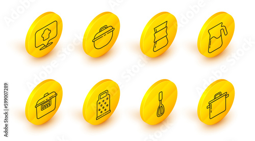 Set line Cooking pot, Kitchen whisk, Grater, Slow cooker, Jug glass with water, Coffee turk, and Chef hat location icon. Vector