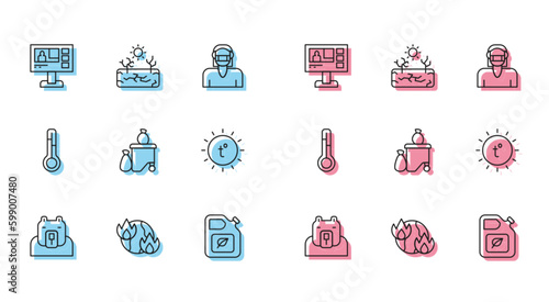 Set line Polar bear head, Global warming fire, Television report, Bio fuel canister, Full dustbin, Sun, Meteorology thermometer and Drought icon. Vector