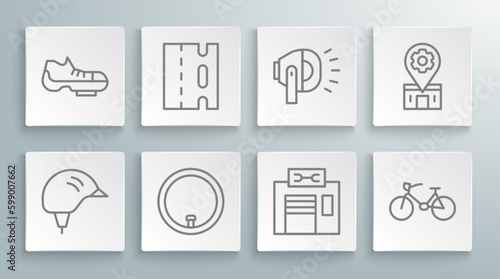 Set line Bicycle helmet, lane, wheel, repair service, head lamp, and shoes icon. Vector
