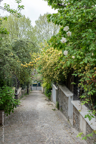 Paris, France - 05 01 2023: View of a typical cobbled street in a tourist district of Paris.