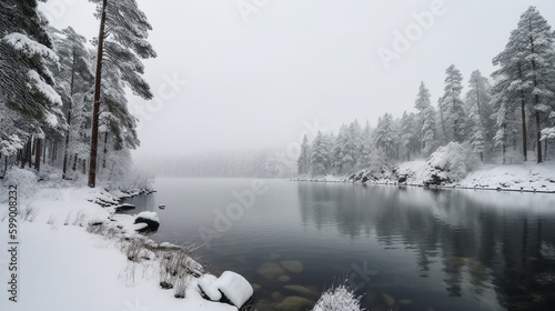 Paisagem da floresta de pinheiros com neve coberta na beira do lago no inverno no parque nacional