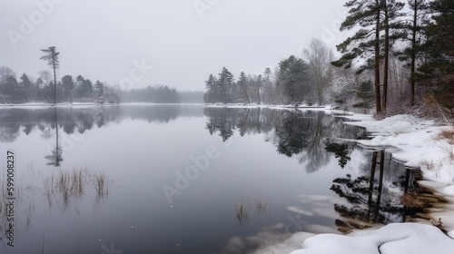 Paisagem da floresta de pinheiros com neve coberta na beira do lago no inverno no parque nacional