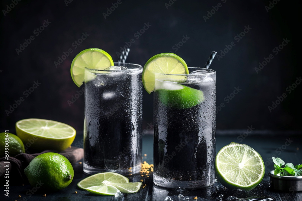 Fototapeta premium Cold Refreshing Indian Nimbu Soda with Black Salt and Lime. Close-up. Generative AI content