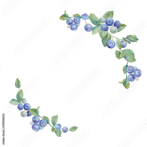 Round frame of watercolor illustrations of blueberry branches. Handmade work. Isolated