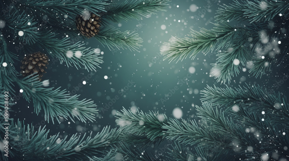 Feliz Natal texto/saudações sobre um fundo fosco de galhos de zimbro perene e flocos de neve - modelo de cartão sazonal ou de férias