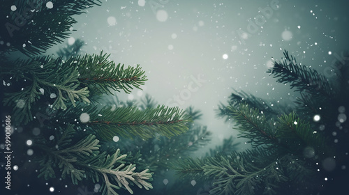 Feliz Natal texto/saudações sobre um fundo fosco de galhos de zimbro perene e flocos de neve - modelo de cartão sazonal ou de férias photo