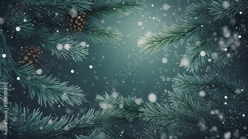 Feliz Natal texto/saudações sobre um fundo fosco de galhos de zimbro perene e flocos de neve - modelo de cartão sazonal ou de férias photo