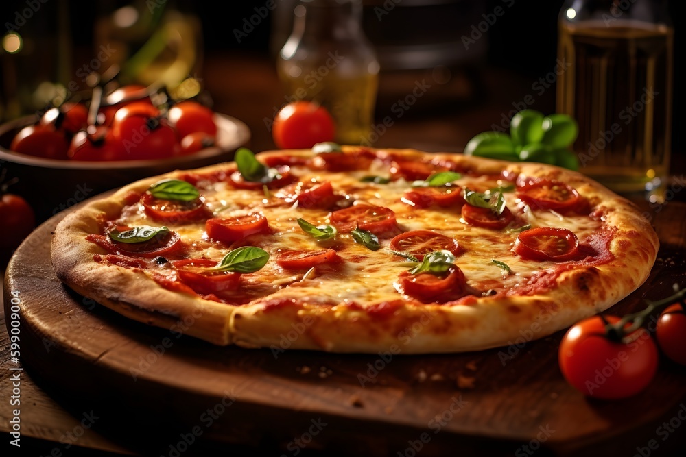 A delicious, freshly-made margarita cheese and tomato pizza is presented on a wooden board. Kitchen in the background. Generative AI.