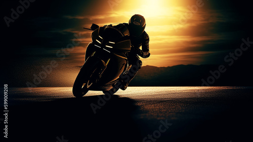 Moto gp, Homem de moto em alta velocidade encostado na curva. Esporte de corrida. campeonato de motogp © Alexandre