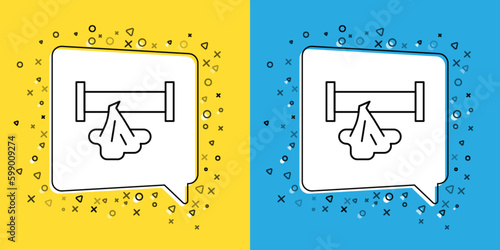 Set line Broken metal pipe with leaking water icon isolated on yellow and blue background. Vector