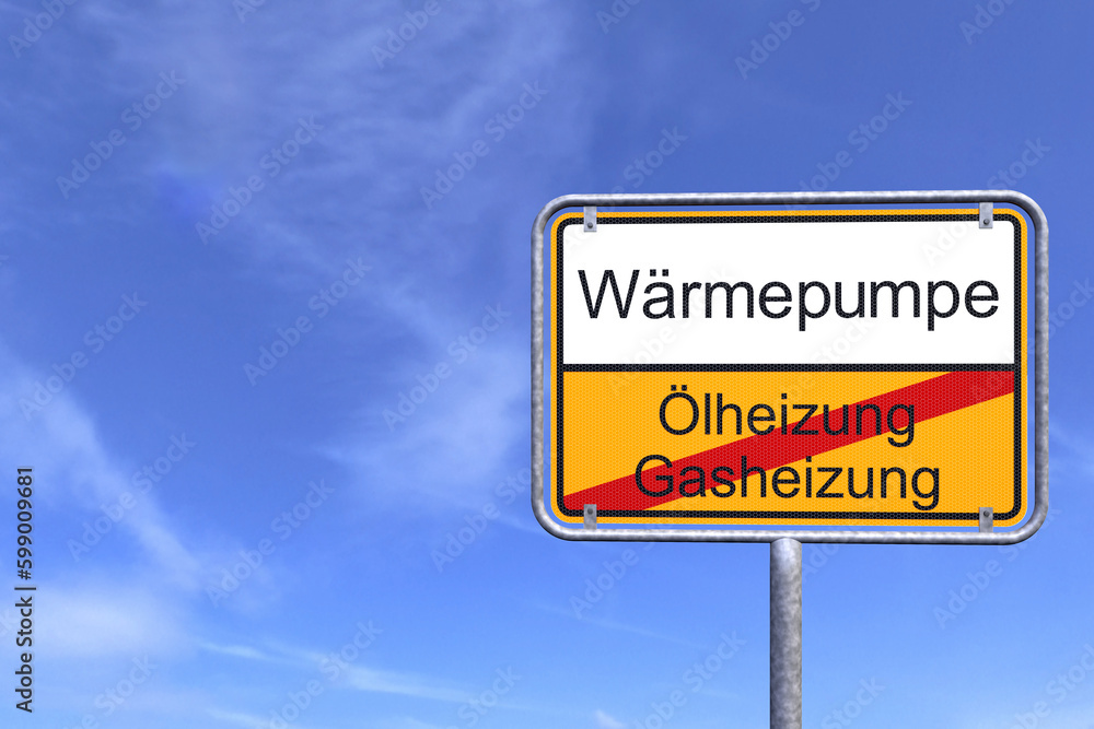 3d Illustation - Ortsschild - Ortstafel - Gasheizung - Ölheizung - Wärmepumpe - Himmel - Wolken 3d Illustation - Ortsschild - Ortstafel - Gasheizung - Ölheizung - Wärmepumpe - Himmel - Wolken