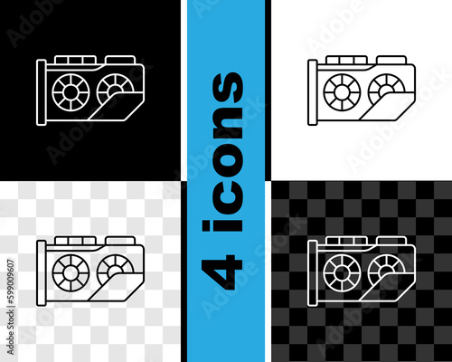 Set line Video graphic card icon isolated on black and white, transparent background. Vector