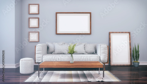 Illustration - Skandinavisches  nordisches Wohnzimmer mit einer Couch  Tisch und einem Teppich - leere Bilderrahmen - Textfreiraum - Platzhalter - Retro Look