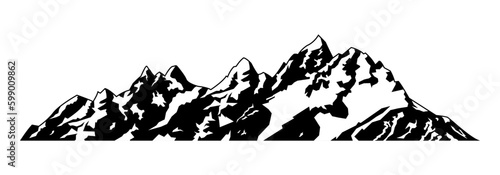 Mountain silhouette. Rocky Mountains with snow peaks. Landscape design element. Vector illustration.