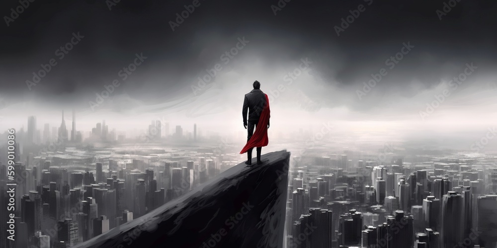 Dramatic Illustration of Standing at the peak of the skyscraper, the man gazed out at the city below, feeling a rush of confidence and strength, Generative AI Dramatic Illustration of Standing at the peak of the skyscraper, the man gazed out at the city below, feeling a rush of confidence and strength, Generative AI