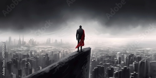Dramatic Illustration of Standing at the peak of the skyscraper, the man gazed out at the city below, feeling a rush of confidence and strength, Generative AI