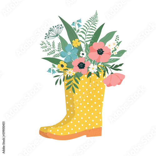 Flowers in wellies poster banner. Trendy vector rain boots and florals. Modern illustration design for web and print. Spring and easter holiday concept. Isolated bouquet of flowers in rubber boots.