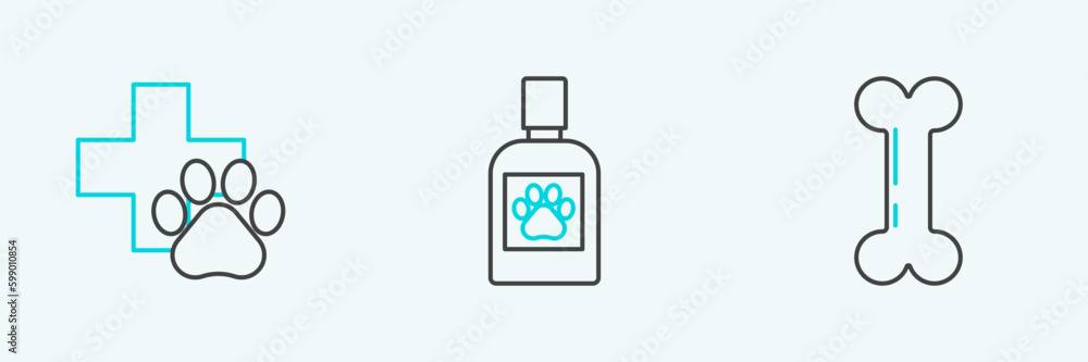 Set line Dog bone, Veterinary clinic symbol and medicine bottle icon. Vector Set line Dog bone, Veterinary clinic symbol and medicine bottle icon. Vector