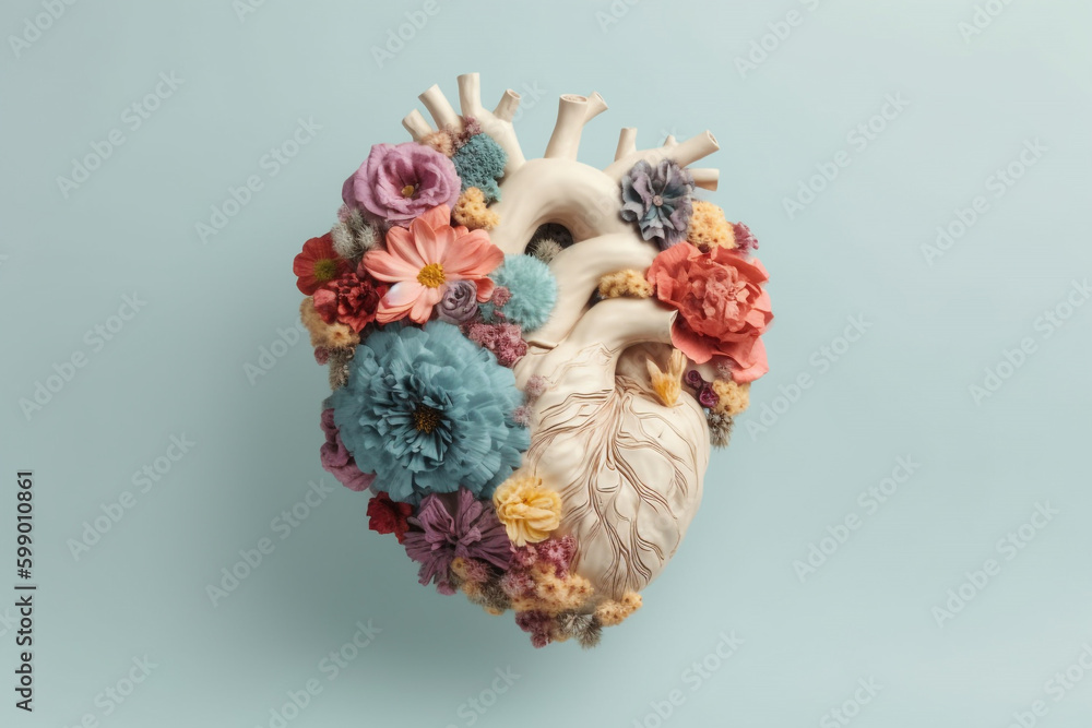 Abstract burning heart model made from various colorful flowers blossoms. Copy space and pastel soft colors. Generative AI
