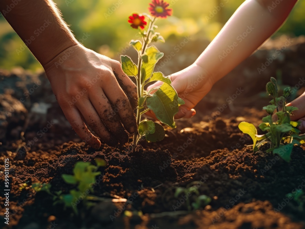 Fototapeta premium A mother and child's hands holding a small plant in soil