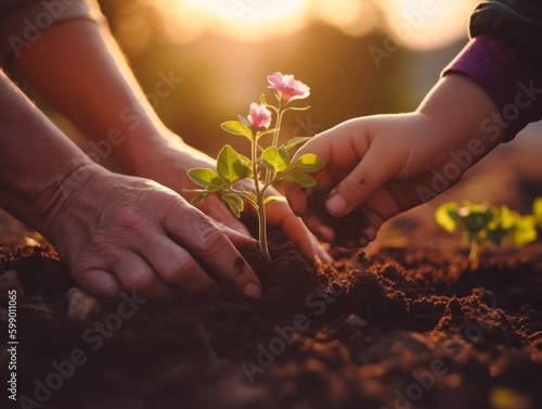 A mother and child's hands holding a small plant in soil