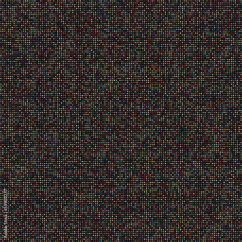 A grid of small multicolored squares on a black background. Noisy effect. Seamless vector pattern.