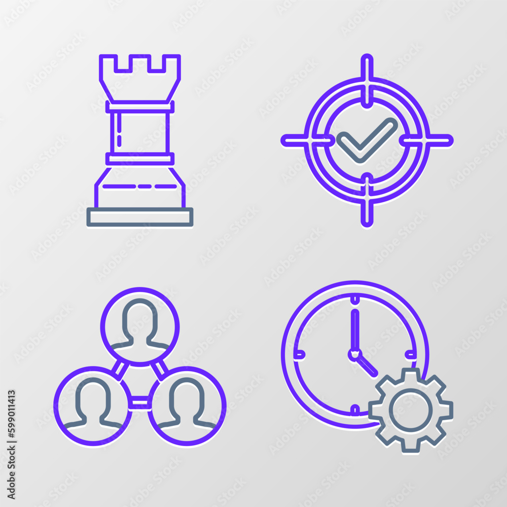Set line Time Management, Project team base, Target and check mark and Business strategy icon. Vector Set line Time Management, Project team base, Target and check mark and Business strategy icon. Vector