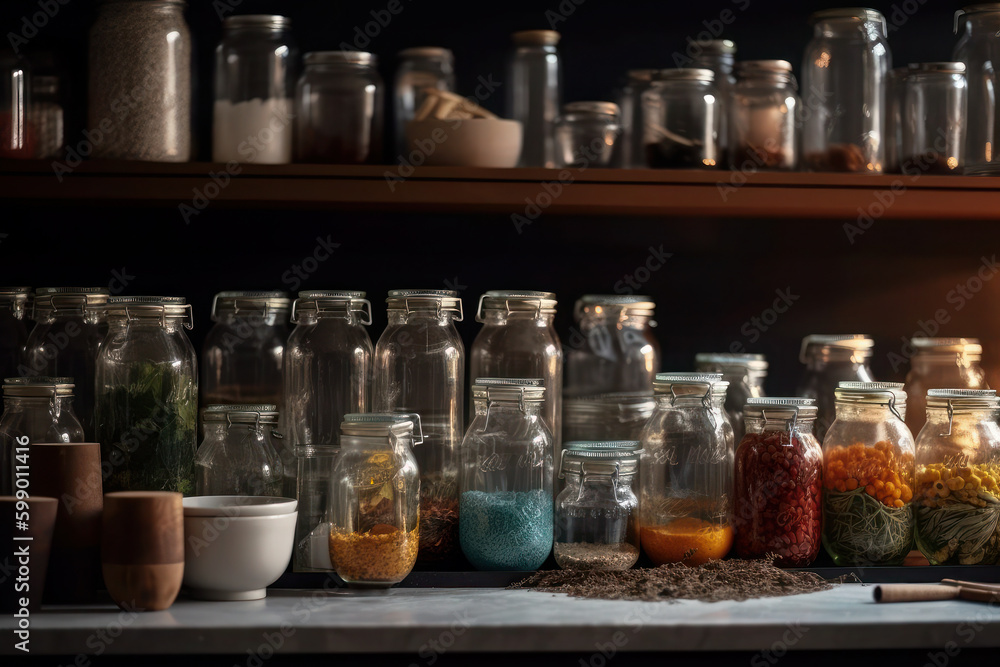 shelf of glass jars on a dark background. texture from containers with spices. ai generative shelf of glass jars on a dark background. texture from containers with spices. ai generative